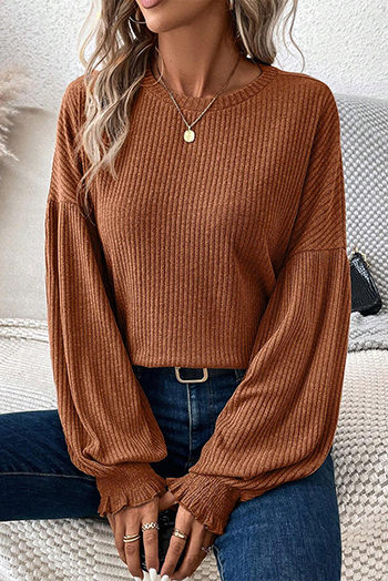 Chestnut Ribbed Knit Drop Shoulder Ruffled Sleeve Textured Top