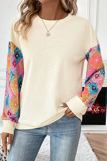 Apricot Geometric Printed Patchwork Long Sleeve Round Neck Top