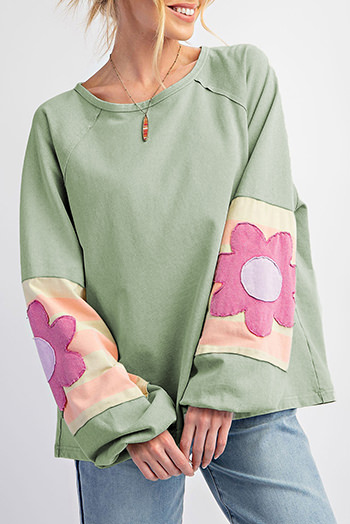 Green Flower Patchwork Raglan Sleeve Exposed Seam Oversized Top