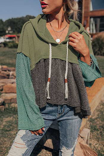 Green Patchwork Wide Sleeve Frayed High Low Hooded Top