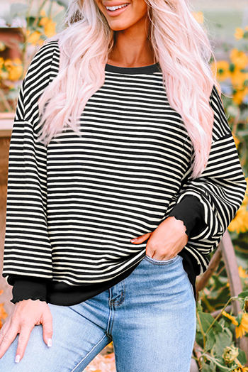 Black Stripe Loose Drop Shoulder Long Sleeve Top