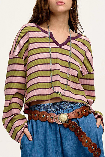 Green Clashing Stripes Waffle Texture Notched Neck Long Sleeve Top