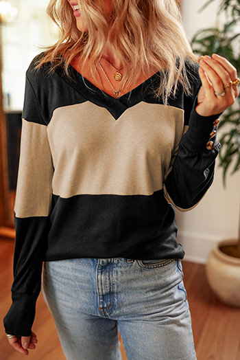 Parchment Colorblock Button Decor Long Sleeve V Neck Top