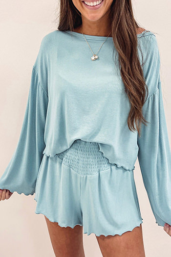 Sky Blue Long Sleeve Top and Shirred High Waist Shorts Set