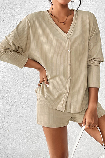 Apricot Eyelet Long Sleeve Shirt and Shorts Lounge Outfit