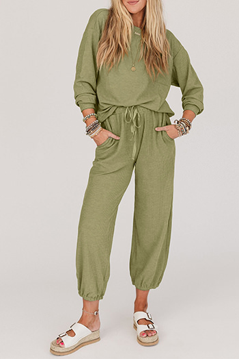 Laurel Green Waffle Knit Long Sleeve Top Drawstring Joggers Set