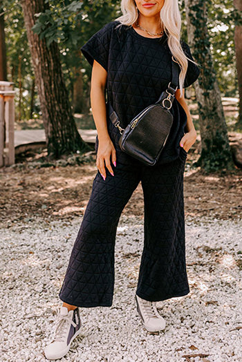 Black Quilted Short Sleeve Wide Leg Pants Set