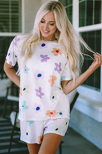 White Flower Print Short Sleeve High Waist Two Piece Shorts Set