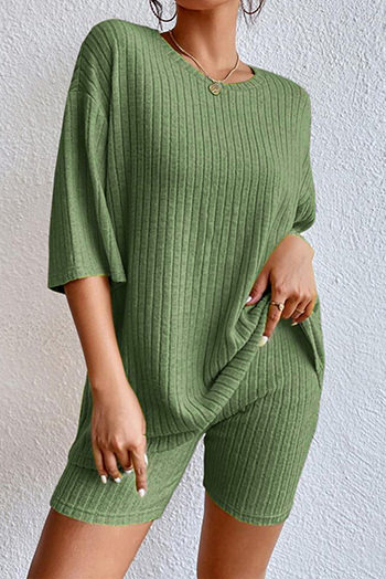 Green Plain Ribbed Loose Fit Two Piece Lounge Set