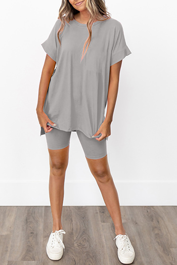 Gray Solid Split Hem Tunic Tee and Tight Shorts Set