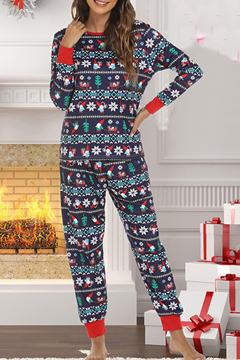 Navy Blue Christmas Reindeer Printed Long Sleeve Lounge Set