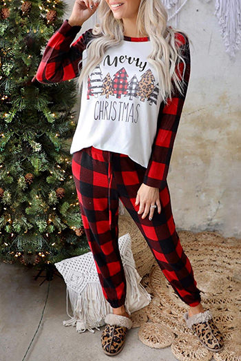 Red Plaid Merry Christmas Graphic Loungewear Set