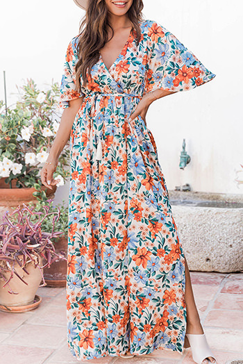 Sky Blue Floral Print Wrap Belted Maxi Dress