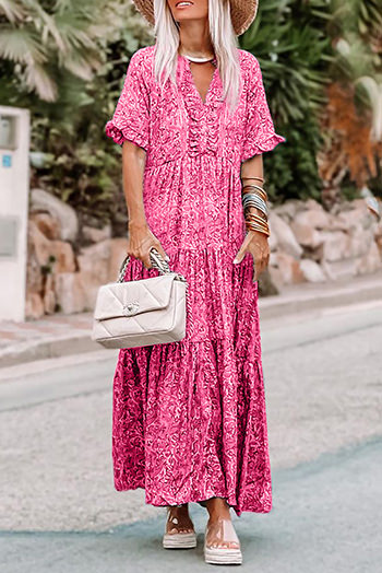 Pink Paisley Print Boho Holiday Ruffle Tiered Maxi Dress