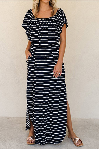 Blue Striped Print Ruffled High Waist Maxi Dress with Side Splits