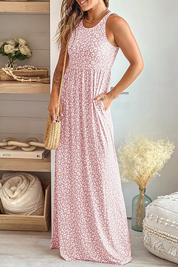 Pink Leopard Print Pocketed Sleeveless Maxi Dress