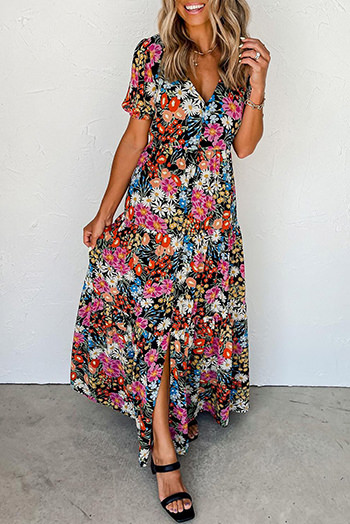 Black Short Sleeve Boho Floral Pattern Tiered Maxi Dress