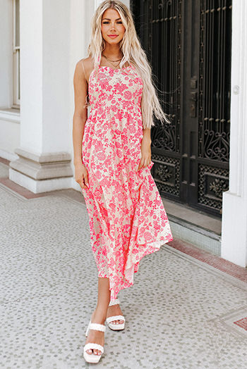 Pink Gingham Floral Tie Shoulder Maxi Dress