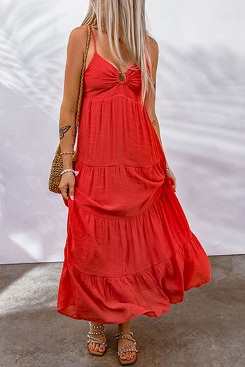 Fiery Red O-ring Smocked Back Spaghetti Straps Tiered Maxi Dress