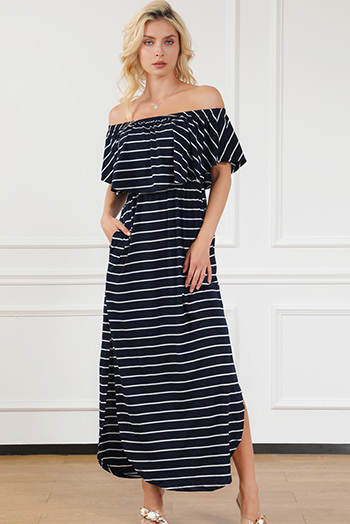 Blue Striped Print Ruffled High Waist Maxi Dress with Side Splits