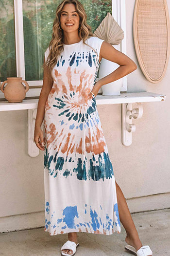 White Cap Sleeve Tie Dye Long Slit Dress