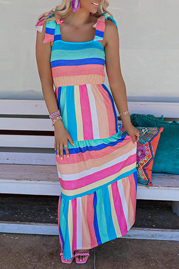 Multicolor Color Block Striped Bow Knot Straps Maxi Dress