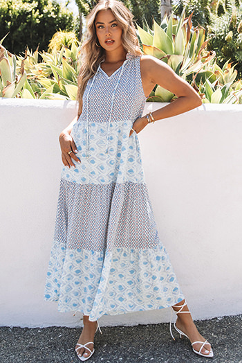 Sky Blue Abstract Print Split Neck Sleeveless Maxi Dress