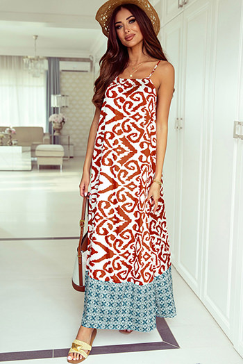 Orange Boho Geometric Print Sleeveless Maxi Dress