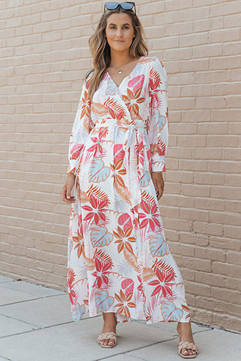 Tropical Plant Print Long Sleeve Wrap V Neck Slit Maxi Dress