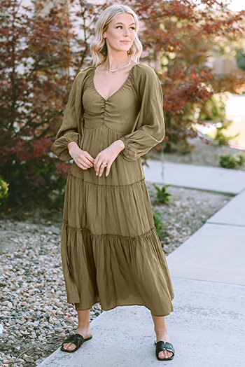 Green V Neck Bowknot Cutout Frill Tiered Maxi Dress