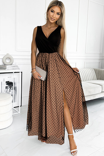 Black Polka Dot Mesh Overlay Sleeveless Maxi Dress