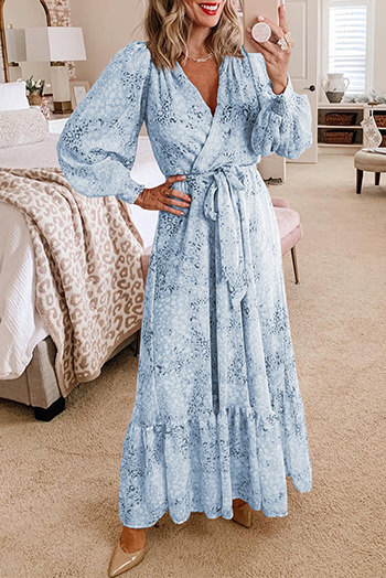 Sky Blue Printed Surplice Neck Bubble Sleeve Maxi Dress with Sash