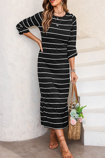 Black Striped Casual Slit Long Dress