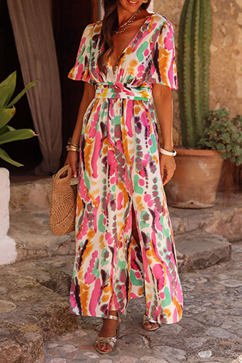 Pink Boho Tie dye Print V Neck Maxi Dress