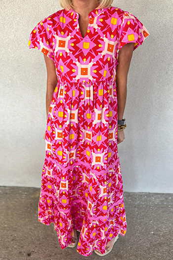 Strawberry Pink Geo Print V Neck Maxi Dress