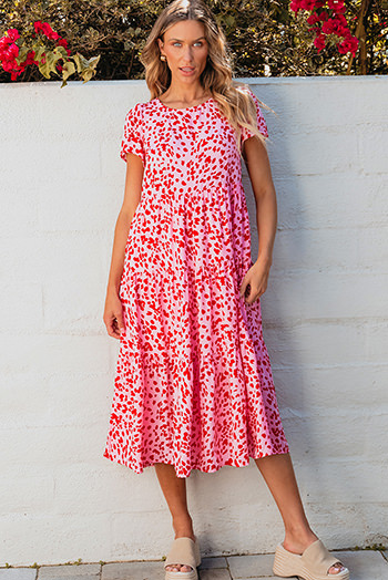 Pink Boho Printed Short Sleeve Flare Tiered Dress