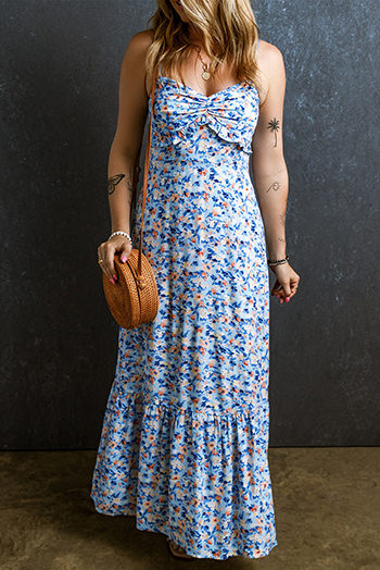 Sky Blue Floral Print Ruffled Ruched Maxi Dress