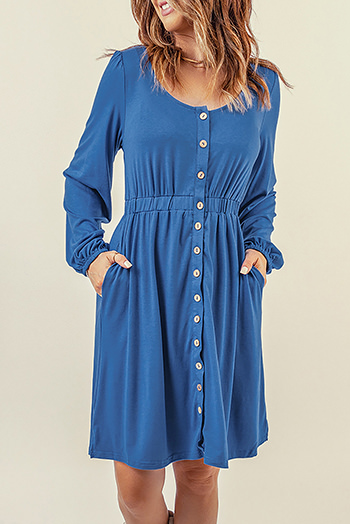 Blue Button Up High Waist Long Sleeve Dress