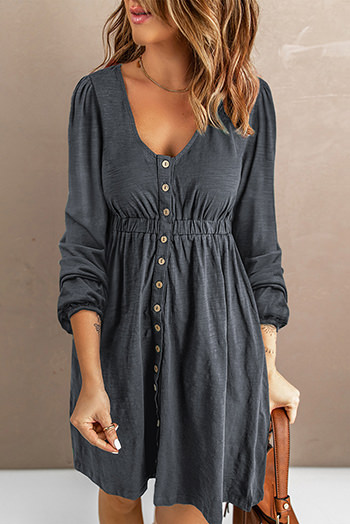 Gray Button Up High Waist Long Sleeve Dress