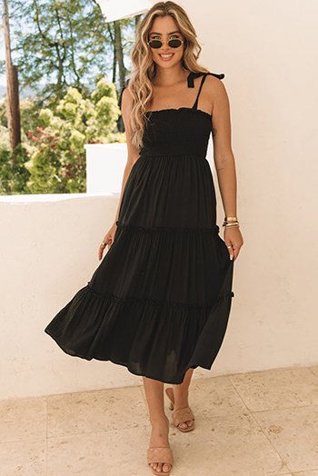 Black Tie Strap Smocked Frill Tiered Midi Dress