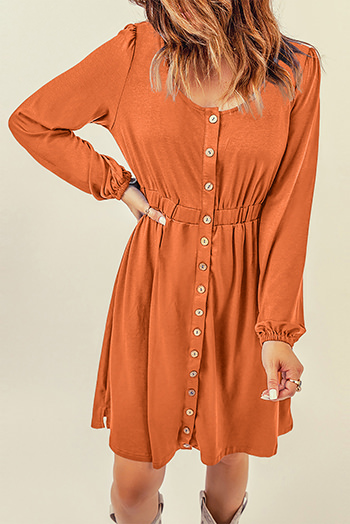 Orange Button Up High Waist Long Sleeve Dress