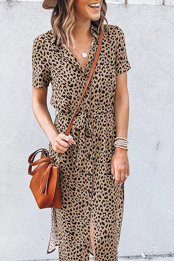 Khaki Leopard Turn-Down Collar Slit Midi Dress