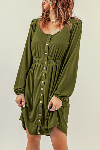 Green Button Up High Waist Long Sleeve Dress