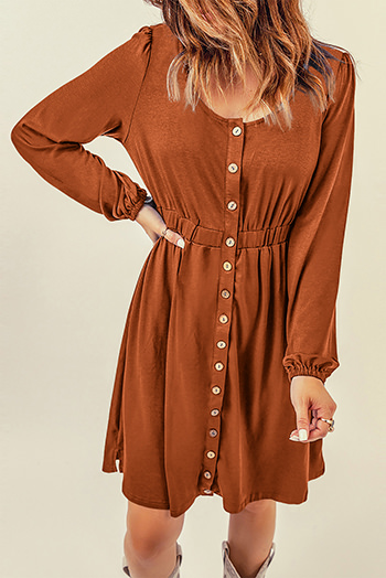 Brown Button Up High Waist Long Sleeve Dress