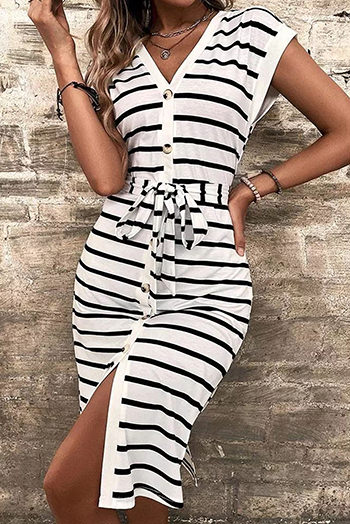 Striped Button Slit Tie V Neck Midi Dress