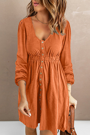 Orange Button Up High Waist Long Sleeve Dress