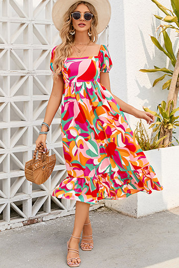 Fiery Red Abstract Print Square Neck Flowy Midi Dress