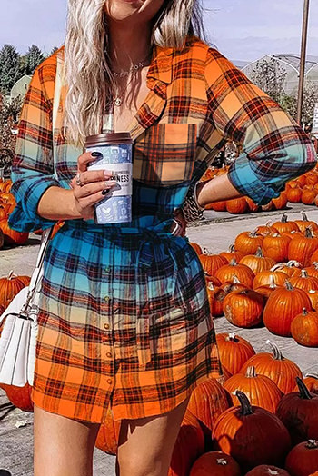 Orange Gradient Plaid Button Front Mini Shirt Dress