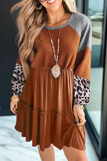 Brown Waffle Knit Leopard Patchwork Long Sleeve Dress