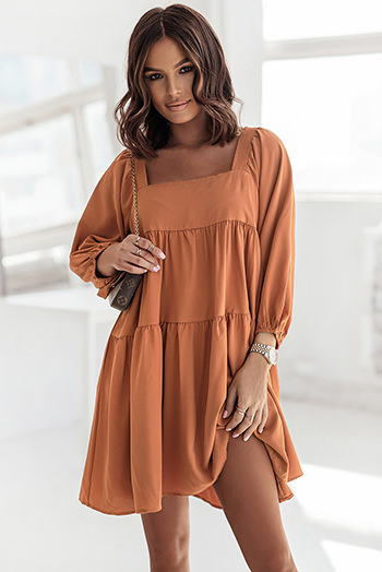 Brown Square Neck Half Sleeve High Low Mini Dress